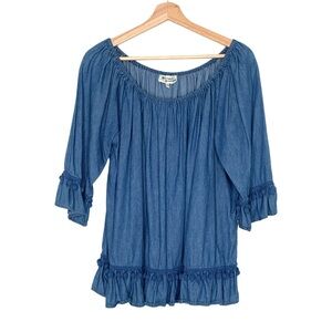 Hester & Orchard 3/4 Sleeve Top Blue Chambray Pom Pom Trim Size Large
